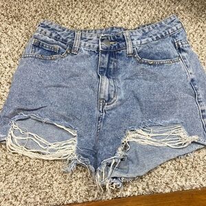 light blue high rise jean shorts